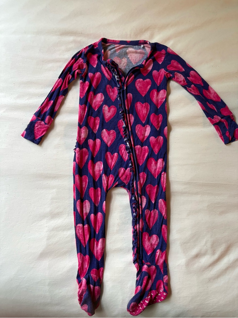 Posh Peanut Navy and Pink Heart Footed One-Piece